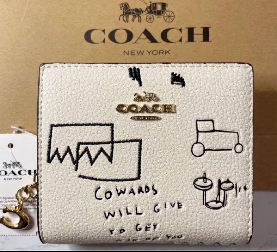 新品コーチCOACHパスキアコラボ二つ折り財布スナップウォレットホワイト.白