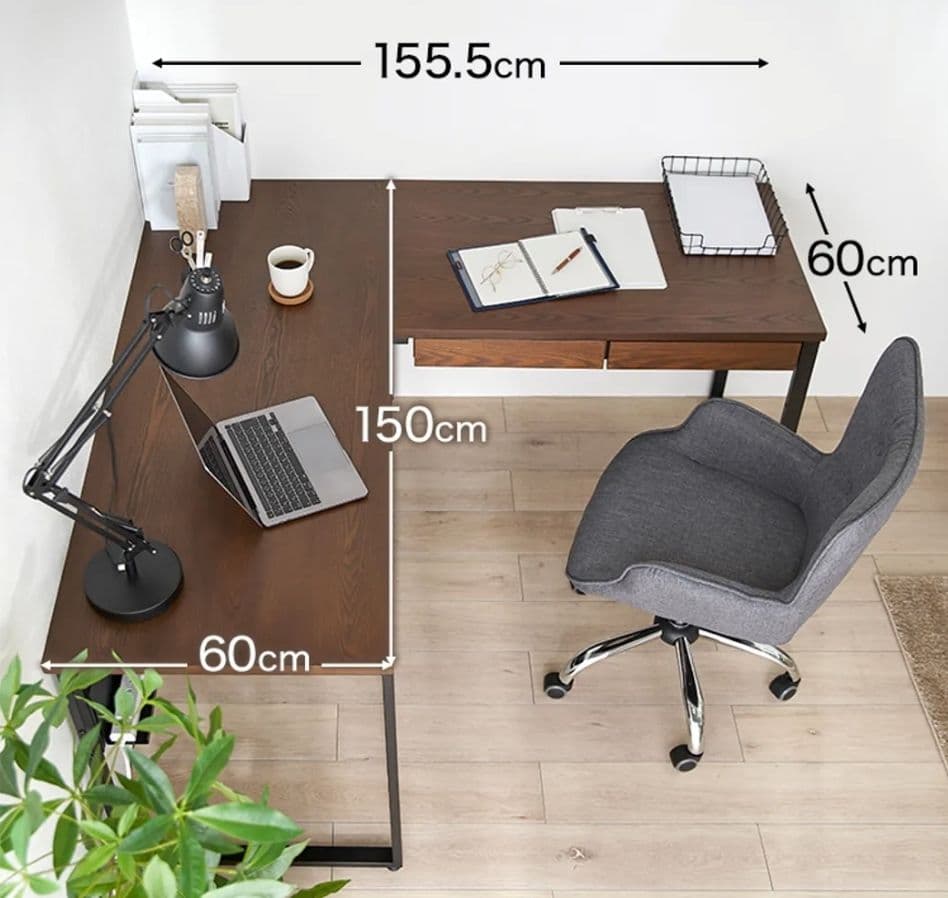 【あき】【美品】L字型木製デスク 引き出し付き