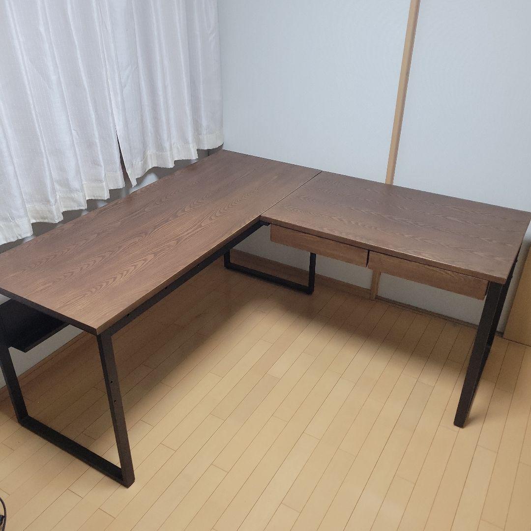 【あき】【美品】L字型木製デスク 引き出し付き