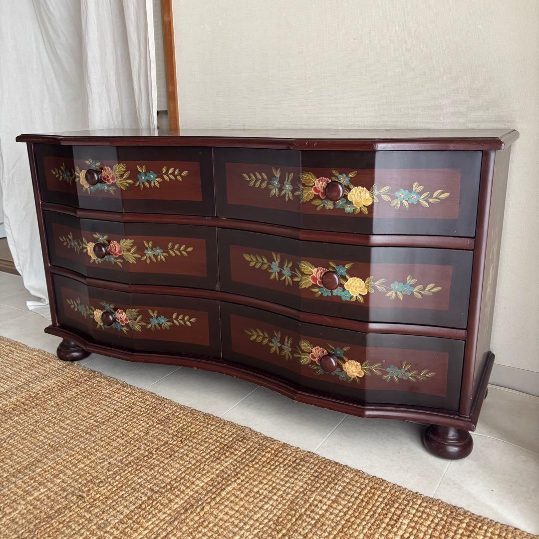 チェスト　トールペイント　ヨーロピアン　棚　丸脚　サイドボード　アンティーク