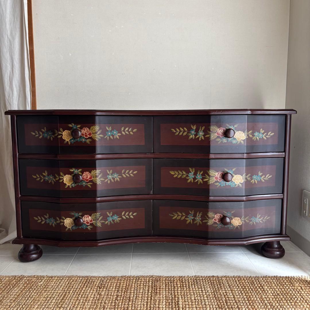 チェスト　トールペイント　ヨーロピアン　棚　丸脚　サイドボード　アンティーク