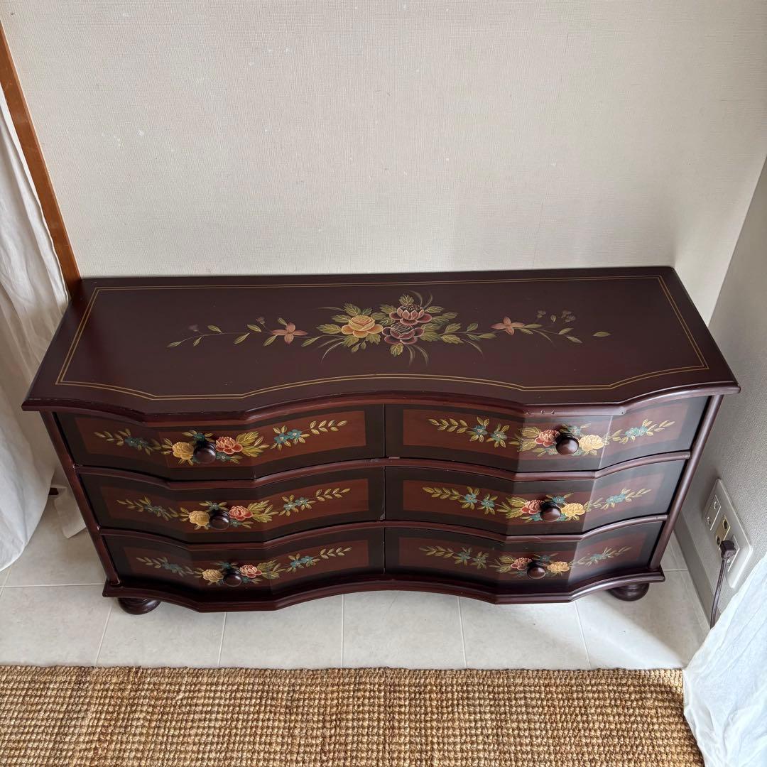 チェスト　トールペイント　ヨーロピアン　棚　丸脚　サイドボード　アンティーク