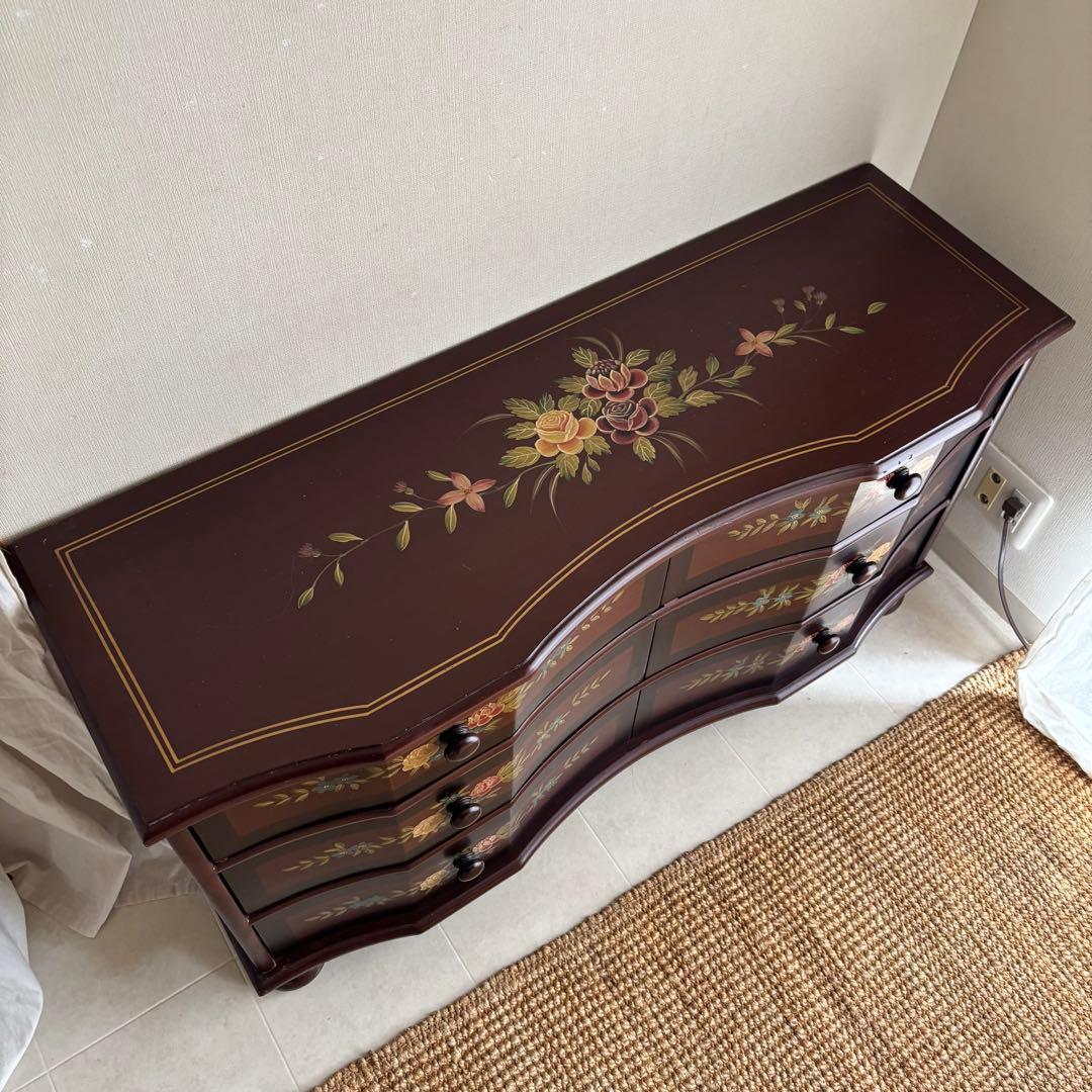 チェスト　トールペイント　ヨーロピアン　棚　丸脚　サイドボード　アンティーク