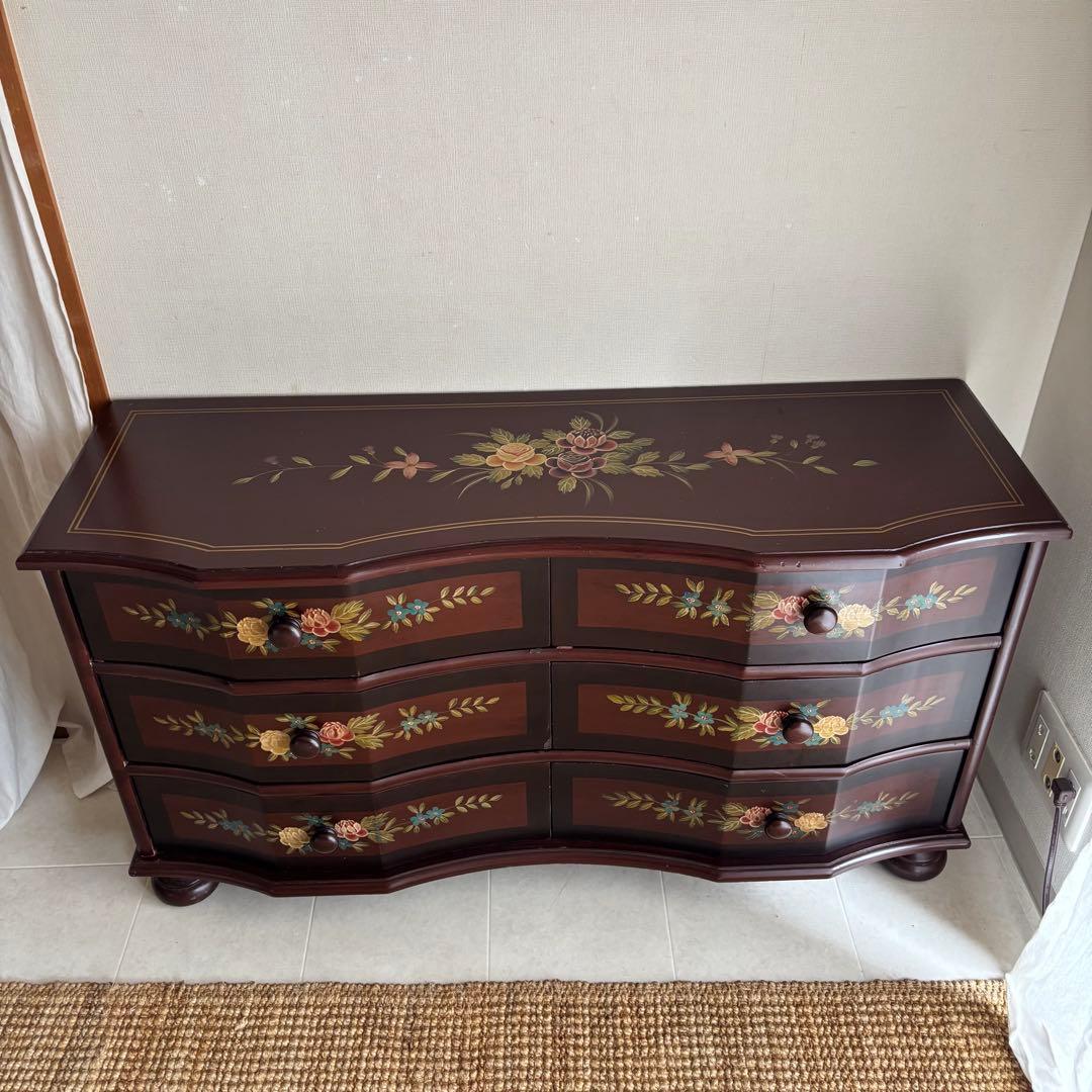 チェスト　トールペイント　ヨーロピアン　棚　丸脚　サイドボード　アンティーク