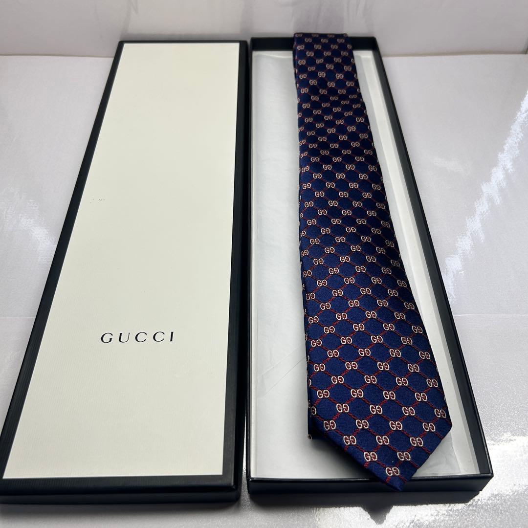 GUCCI グッチ 未使用級 近年タグ ネクタイGG柄 蜂 ビー 人気 ネイビー