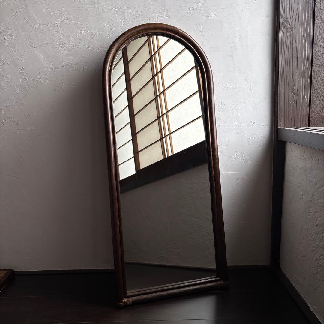 アンティーク ウォールミラー 籐 ラタン 姿見 立て掛け 昭和レトロ 古道具