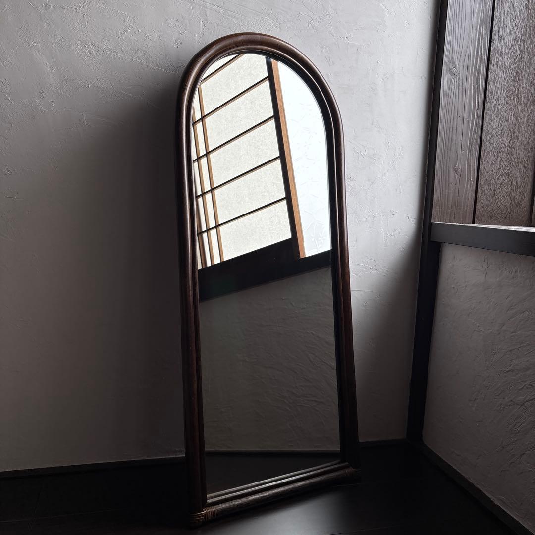 アンティーク ウォールミラー 籐 ラタン 姿見 立て掛け 昭和レトロ 古道具