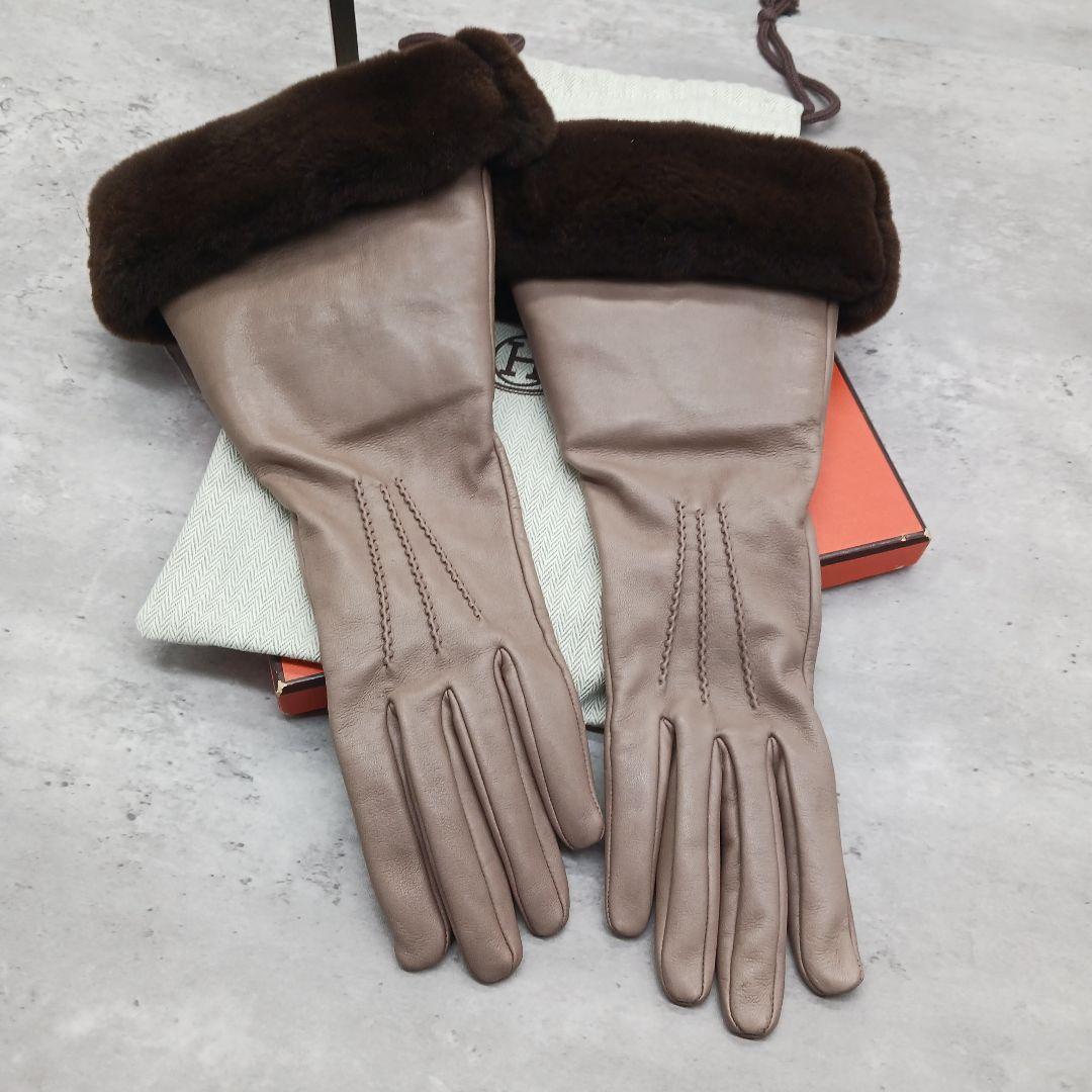 ✨美品✨ エルメス ラムレザー ミンク 裏シルク100% ロンググローブ 手袋