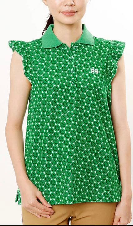 パーリーゲイツ　パイル素材　ノースリーブ　ポロシャツ　スマイル　グリーン