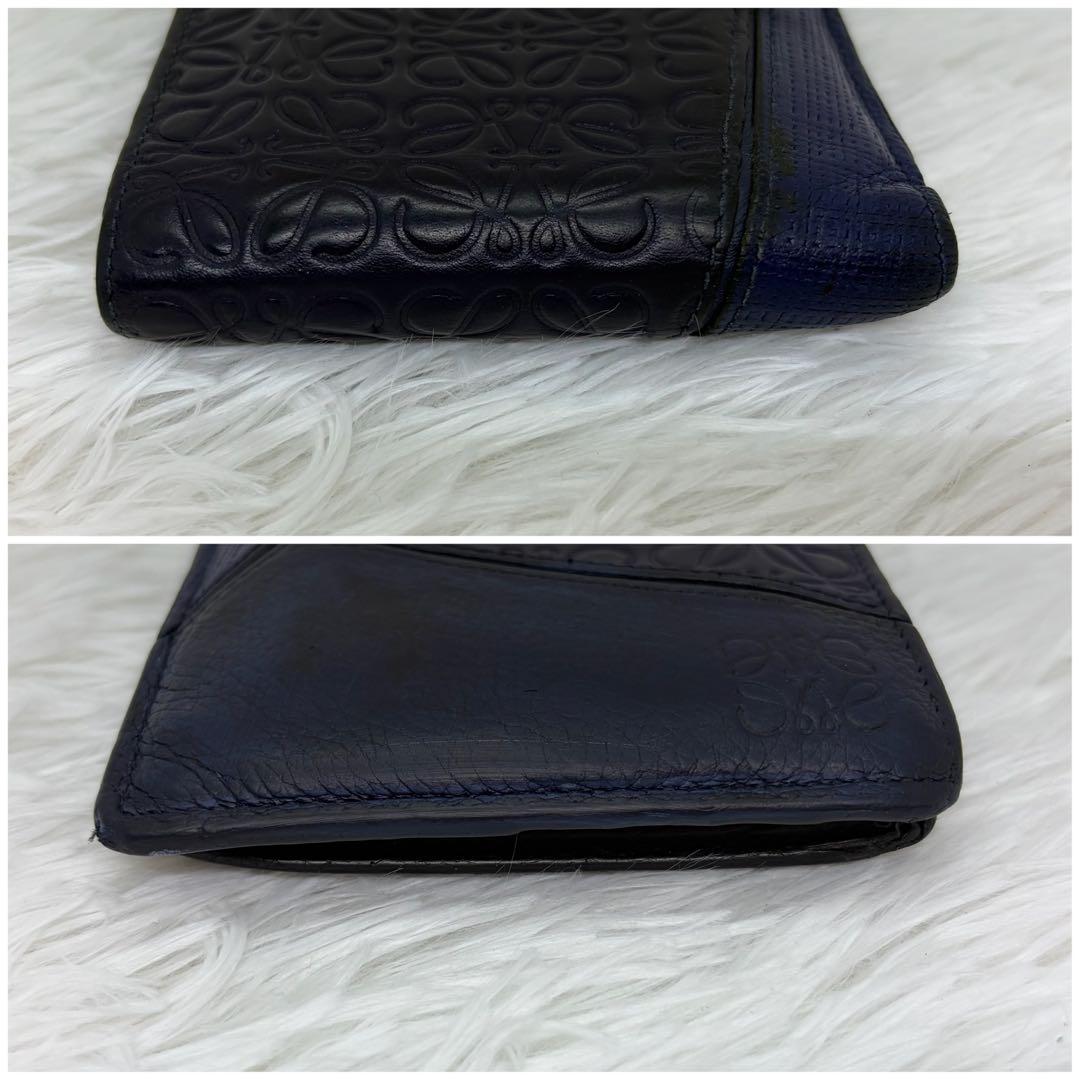 ロエベ　二つ折り　折り財布　アナグラム　パズル　リピート　リネン　レザー　紺色