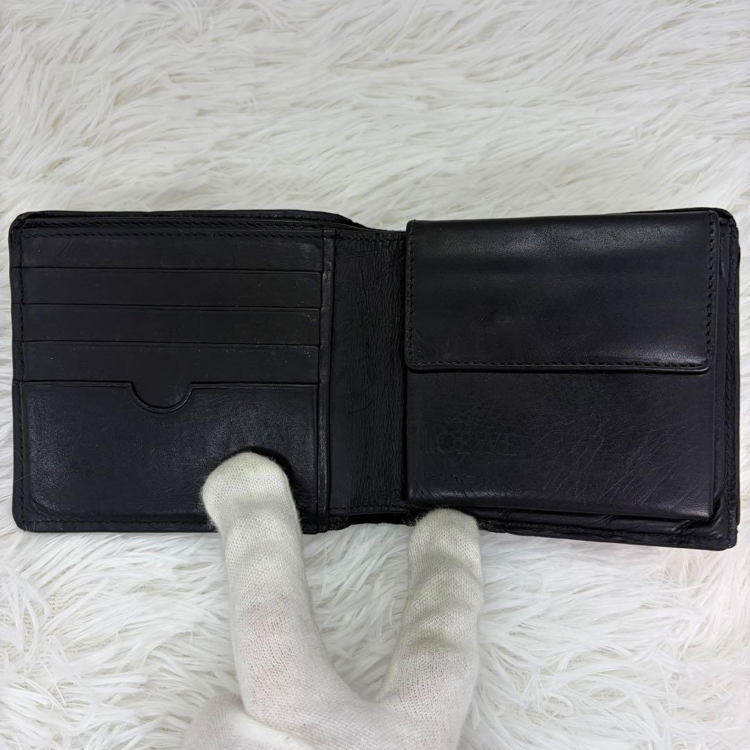 ロエベ　二つ折り　折り財布　アナグラム　パズル　リピート　リネン　レザー　紺色