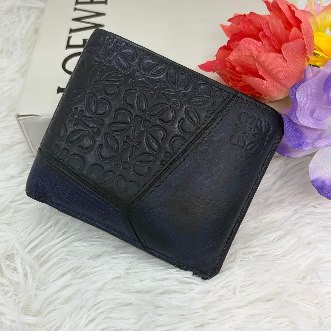 ロエベ　二つ折り　折り財布　アナグラム　パズル　リピート　リネン　レザー　紺色