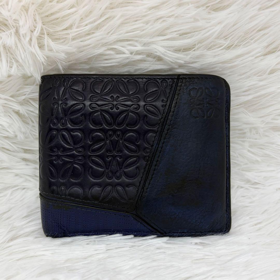 ロエベ　二つ折り　折り財布　アナグラム　パズル　リピート　リネン　レザー　紺色