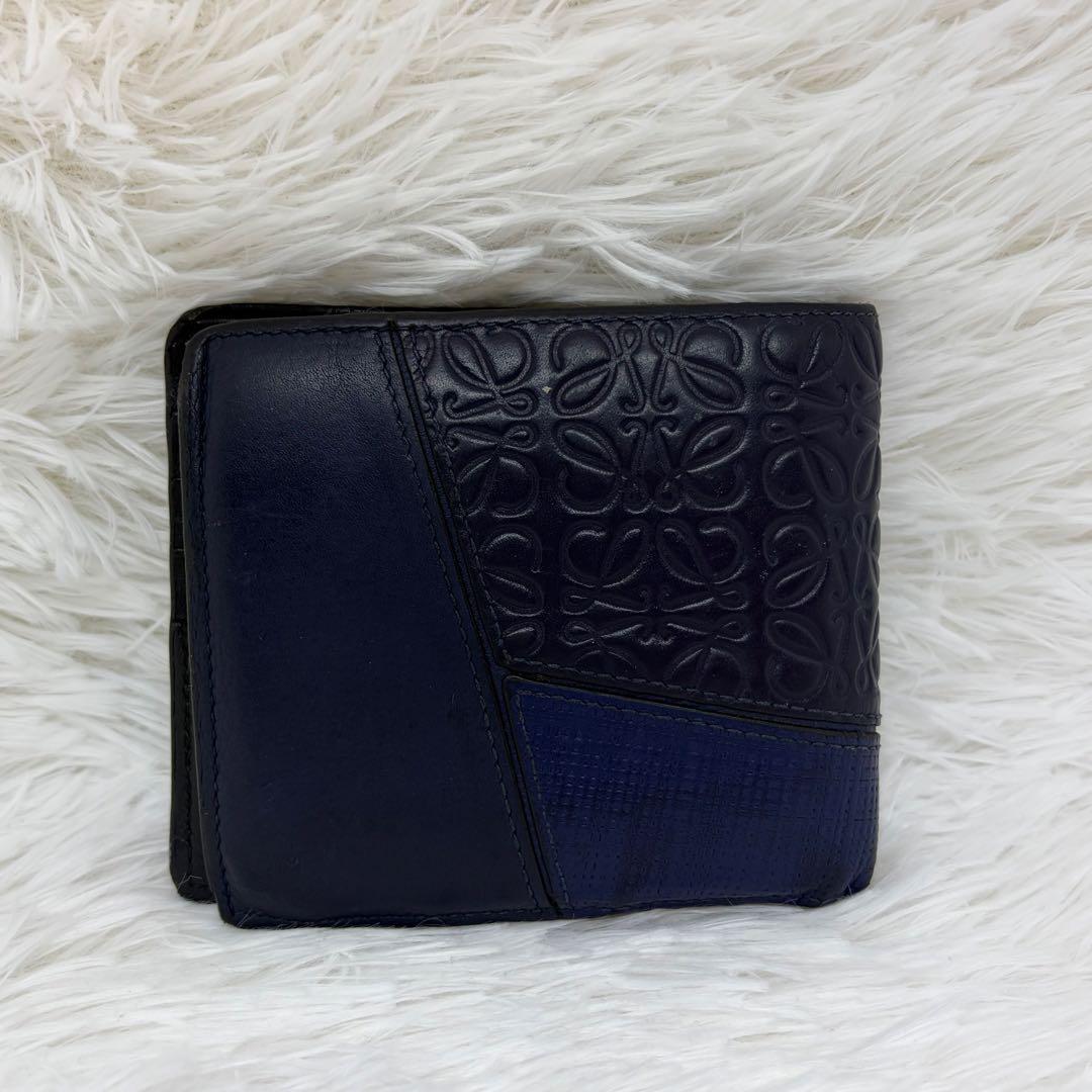 ロエベ　二つ折り　折り財布　アナグラム　パズル　リピート　リネン　レザー　紺色