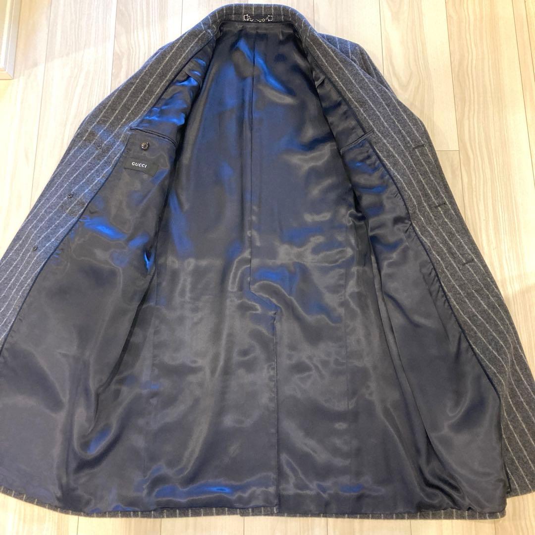 GUCCI メンズ　ストライプ柄 ウール コート　グレー　サイズ50