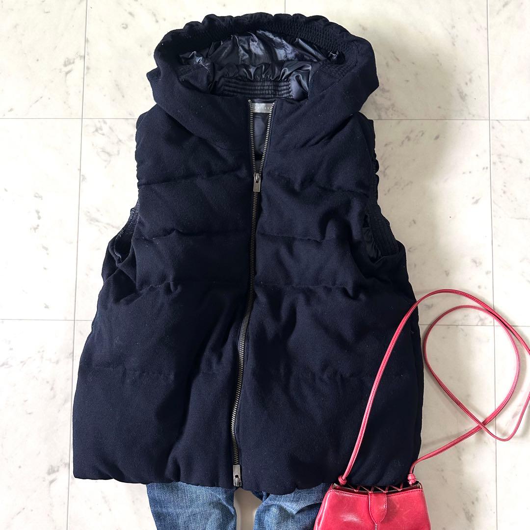 美品♪セオリーリュクス フード付き ダウンベスト ネイビー 濃紺 防寒 ウール