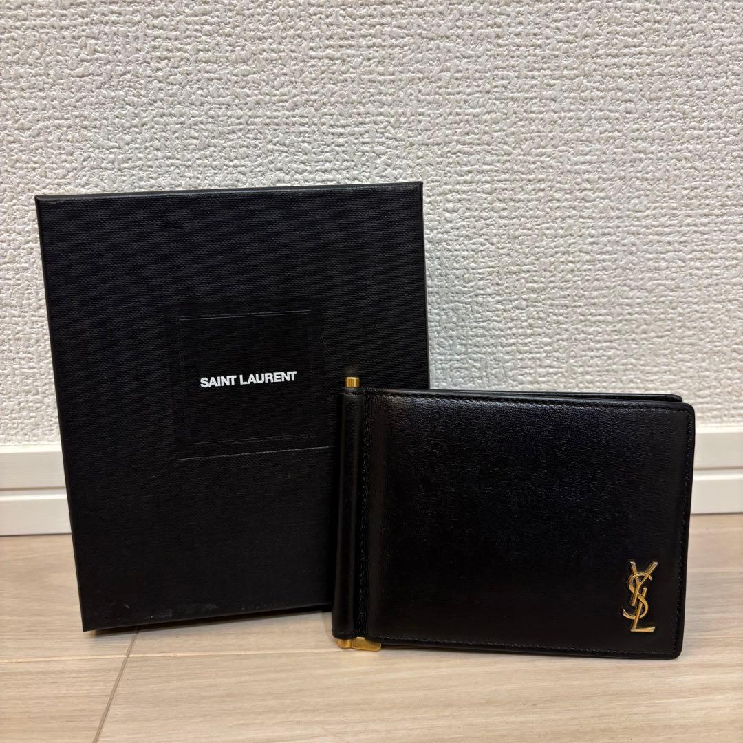 美品　サンローラン マネークリップ レザー ロゴ金具 カサンドラ ブラック