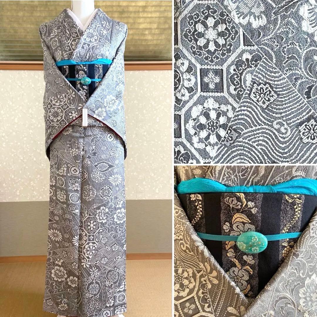 美品☆天目織　お召し　花模様　東京ますいわ屋謹製　着物（袷）