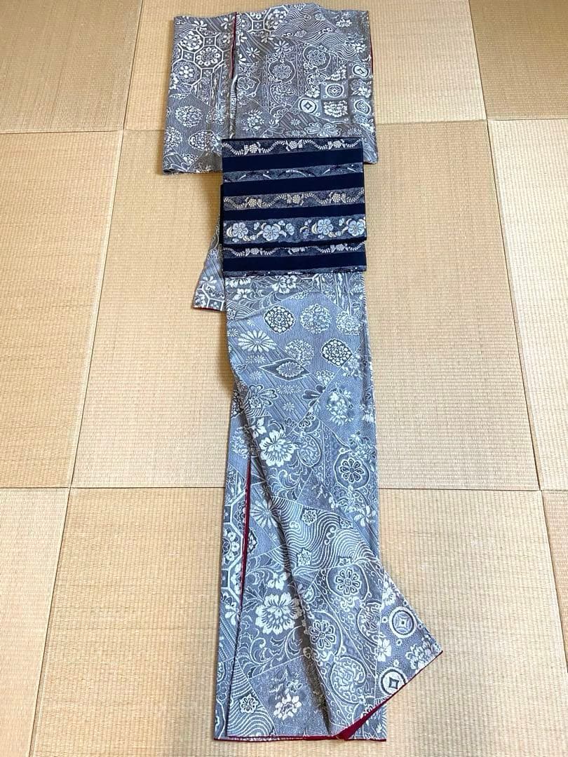美品☆天目織　お召し　花模様　東京ますいわ屋謹製　着物（袷）