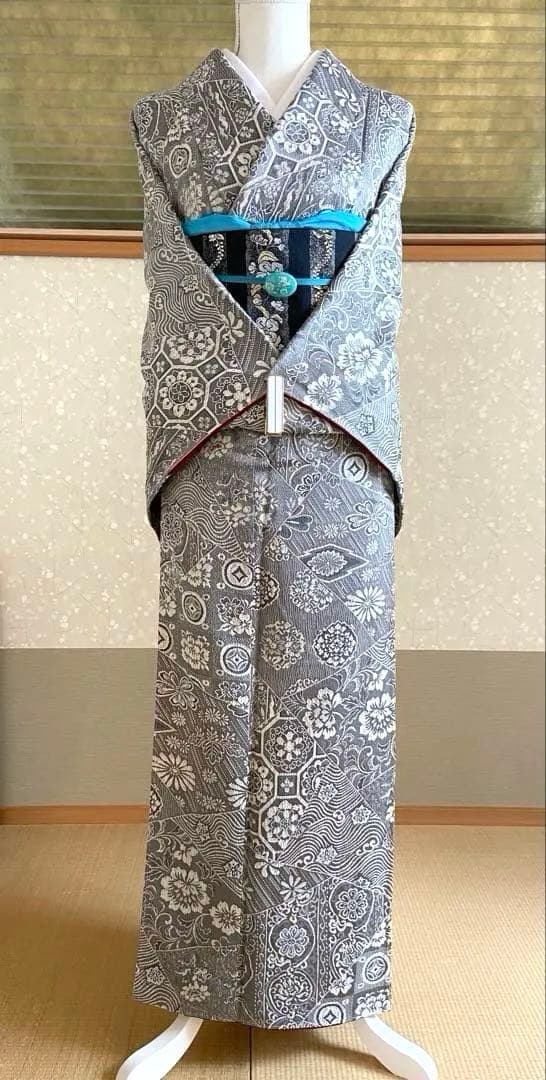 美品☆天目織　お召し　花模様　東京ますいわ屋謹製　着物（袷）