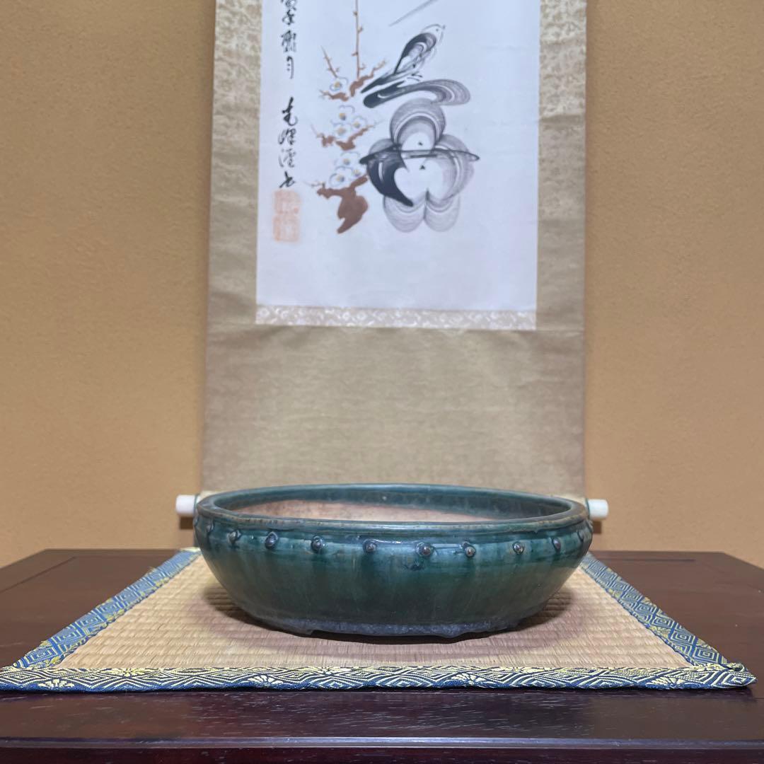 【落款あり】秀峰 鋲打外縁丸太鼓鉢 緑釉 盆栽鉢 丸型鉢 24cm