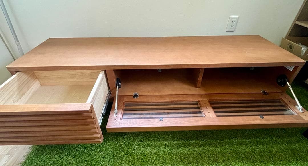 木製テレビ台 北欧風 引き出し・ガラス扉付き 約150×43×36cm