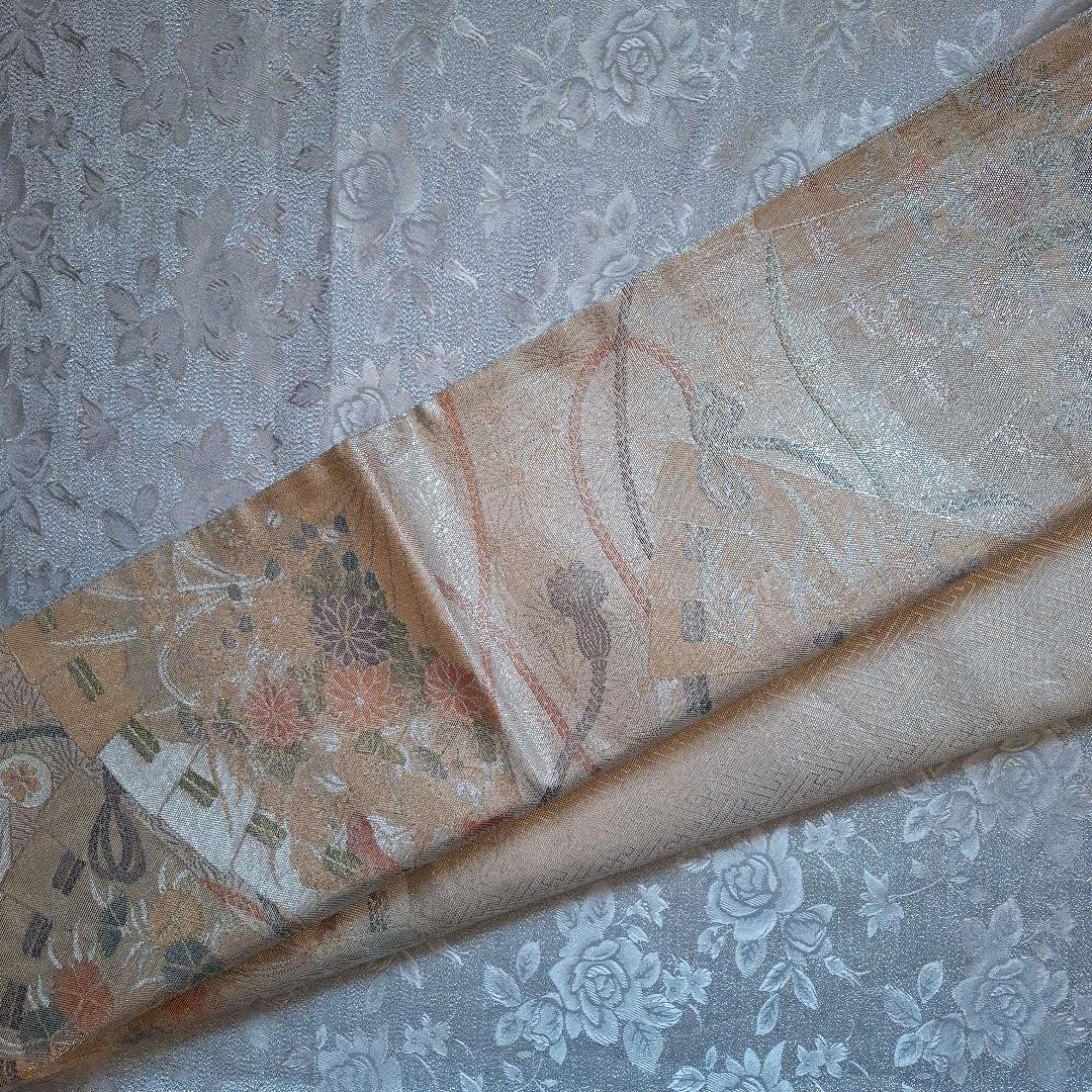 【K755】時短！ニ部式作り帯 振袖⋅舞台⋅舞踊などに シルバー　3Rose♪