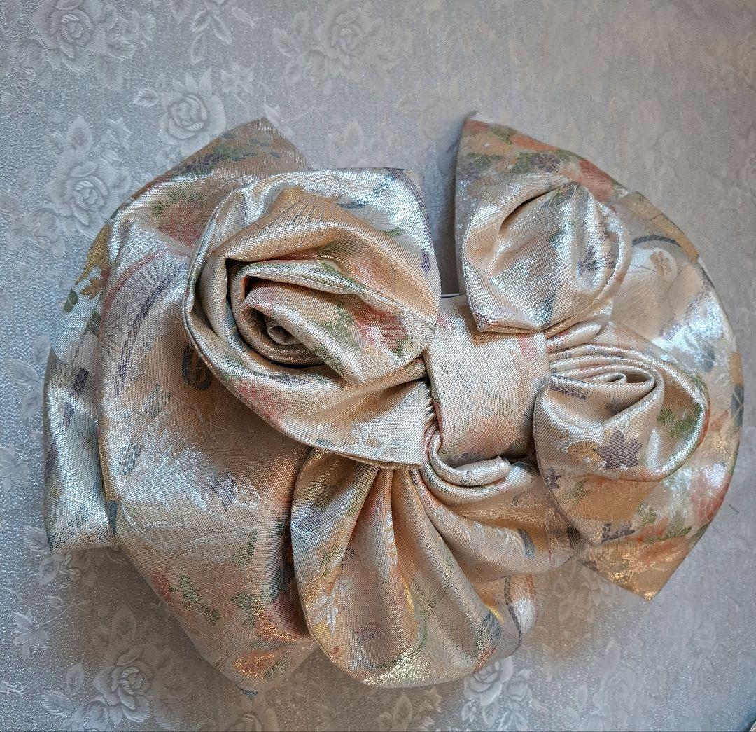 【K755】時短！ニ部式作り帯 振袖⋅舞台⋅舞踊などに シルバー　3Rose♪