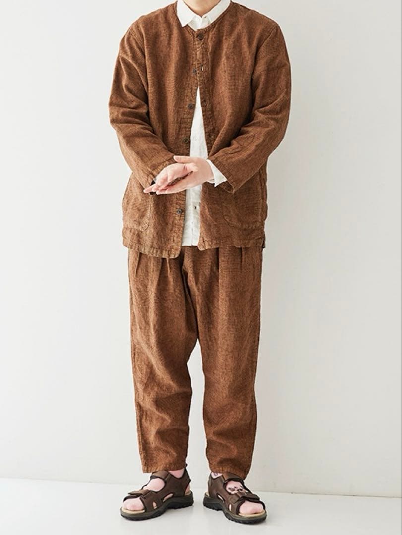 CONFECT 柿渋染め リネングレンチェック ノーカラージャケット サイズ4