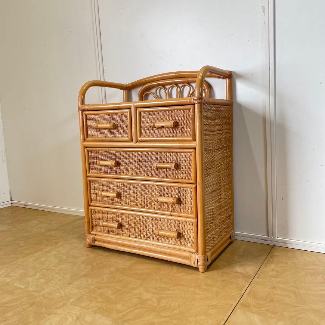 籐 ラタン 4段チェスト① 引き出し 収納 タンス 箪笥 電話台 ビンテージ
