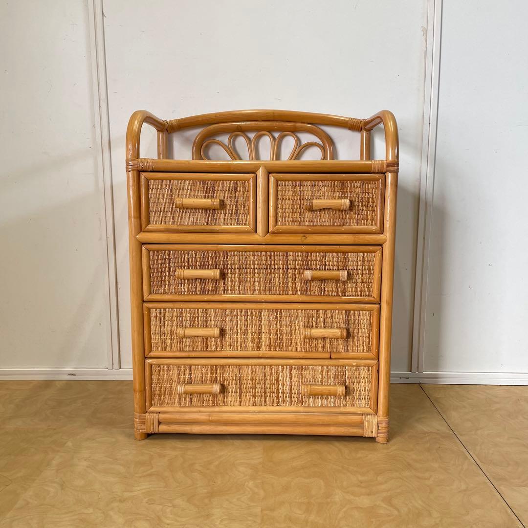 籐 ラタン 4段チェスト① 引き出し 収納 タンス 箪笥 電話台 ビンテージ