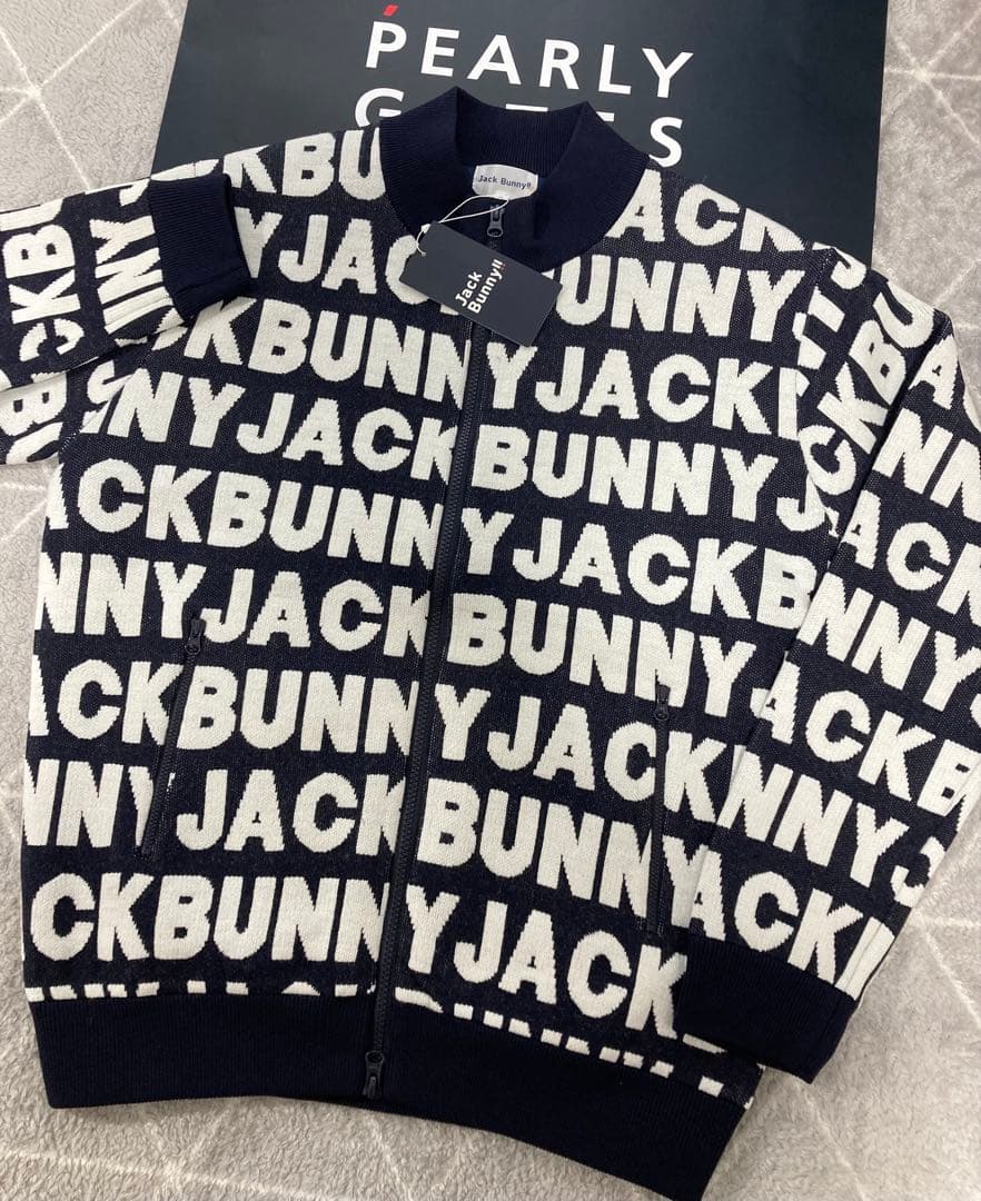 新品 パーリーゲイツ ジャックバニー ロゴジャガード防風裏地ブルゾン(5)L/紺