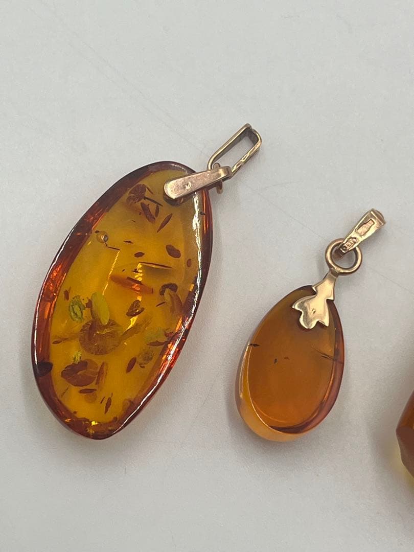 大粒　琥珀　ペンダントトップ　3点まとめ売り　K14 K18