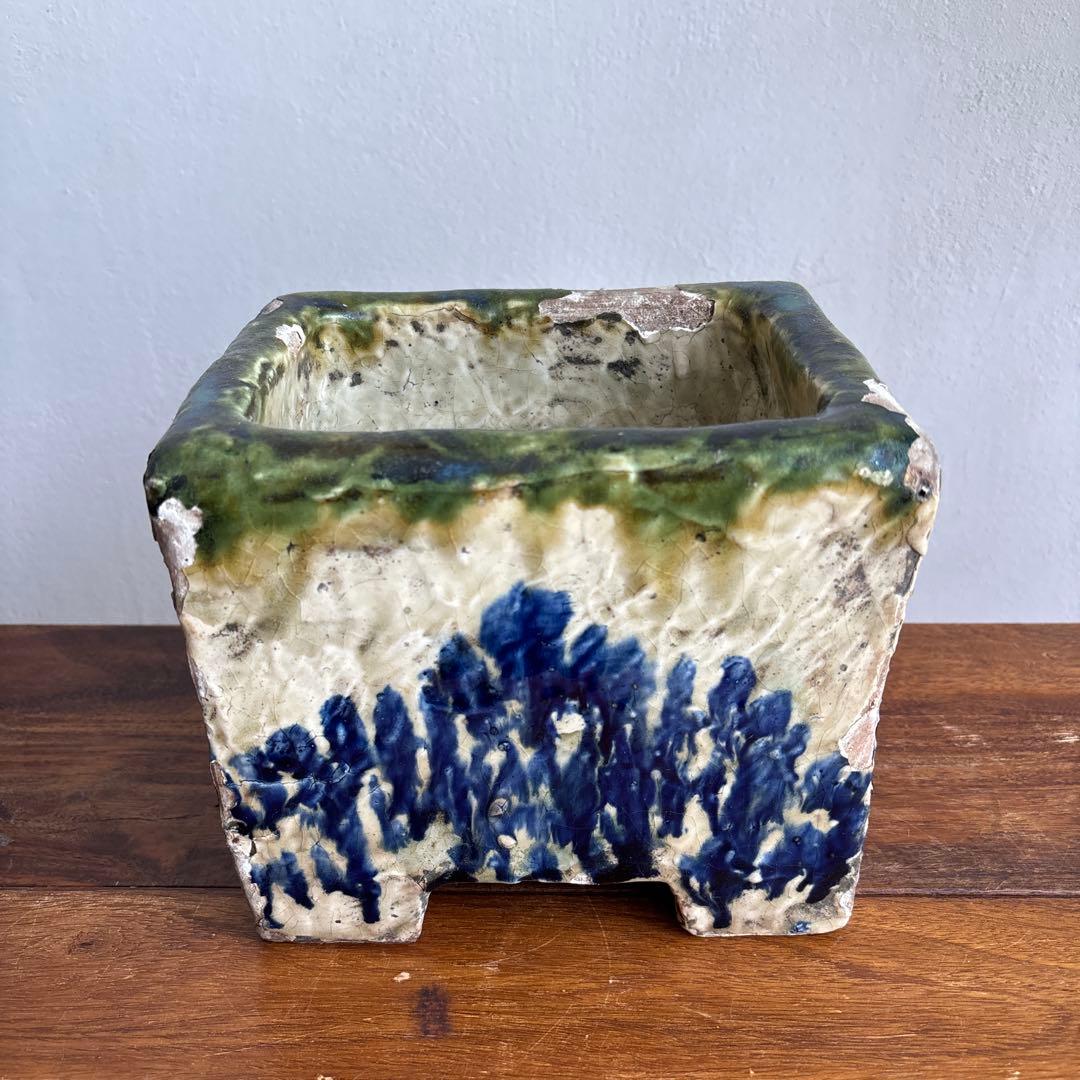 やちむん　切立　沖縄　壺屋　作者不明　アンティーク　四角　陶器鉢　焼き物