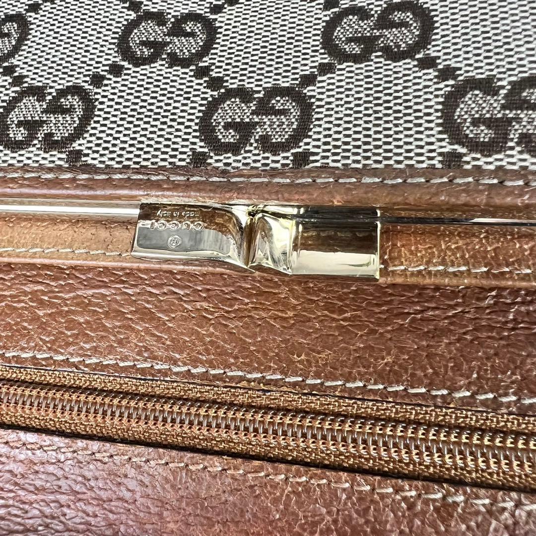 GUCCI GGキャンバス がま口 レザー 長財布 ブラウン