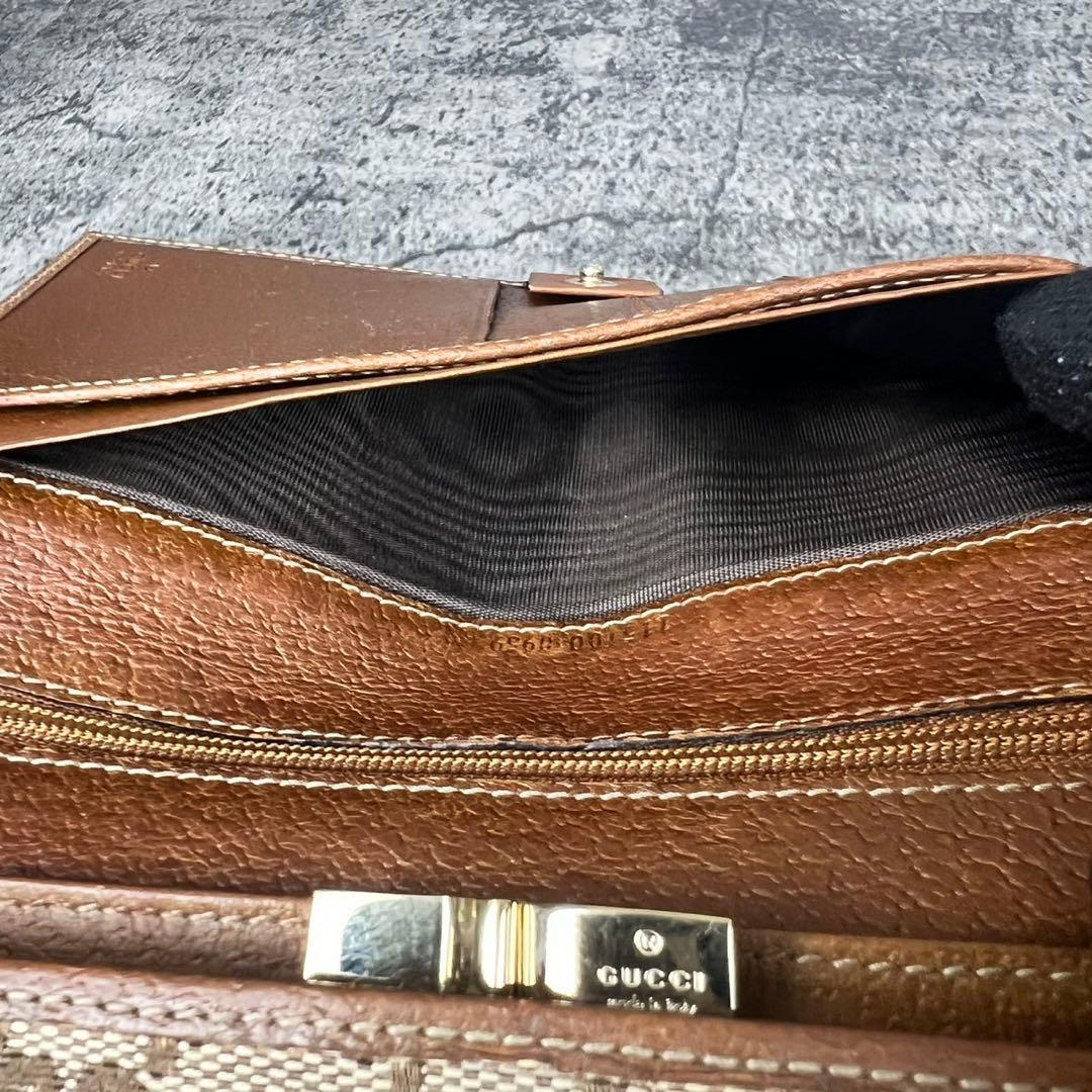 GUCCI GGキャンバス がま口 レザー 長財布 ブラウン