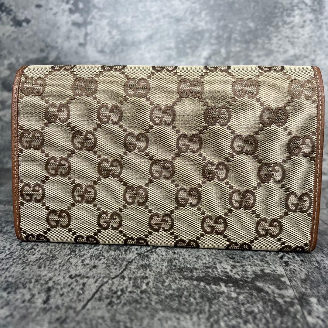 GUCCI GGキャンバス がま口 レザー 長財布 ブラウン
