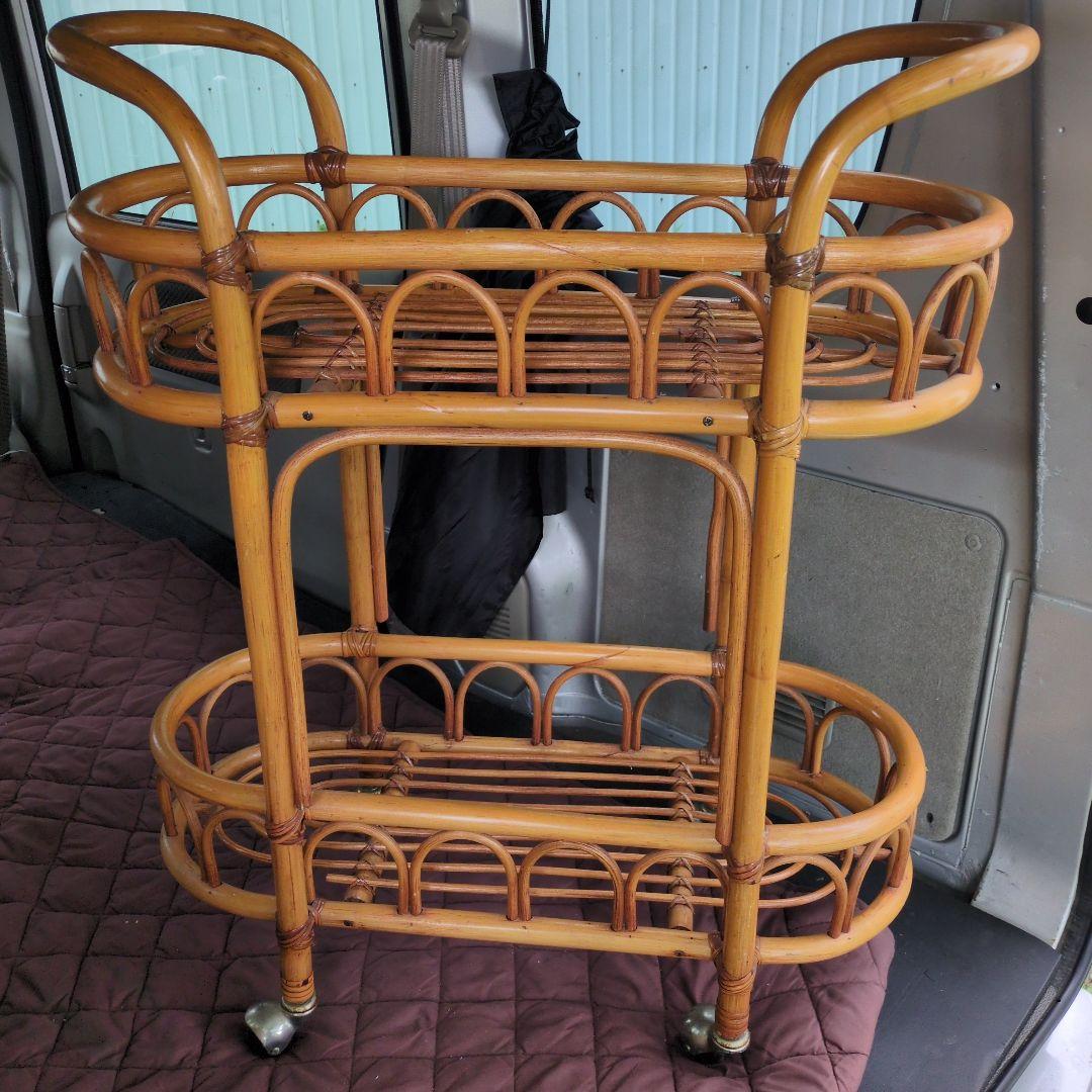 ラタン　籐　ワゴン　ヴィンテージ　二段　車輪付き　移動可能