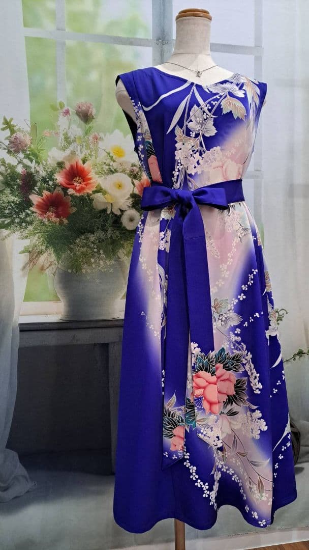 着物リメイク　ワンピース　ドレス　正絹　振袖　ハンドメイド
