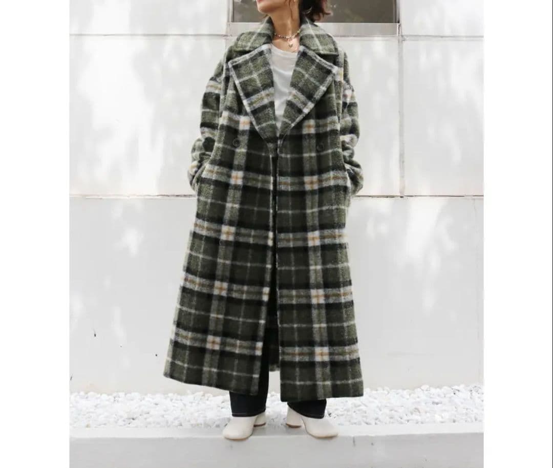 中古　アングリッド　スライバーチェスターロングコート　チェック　Sサイズ