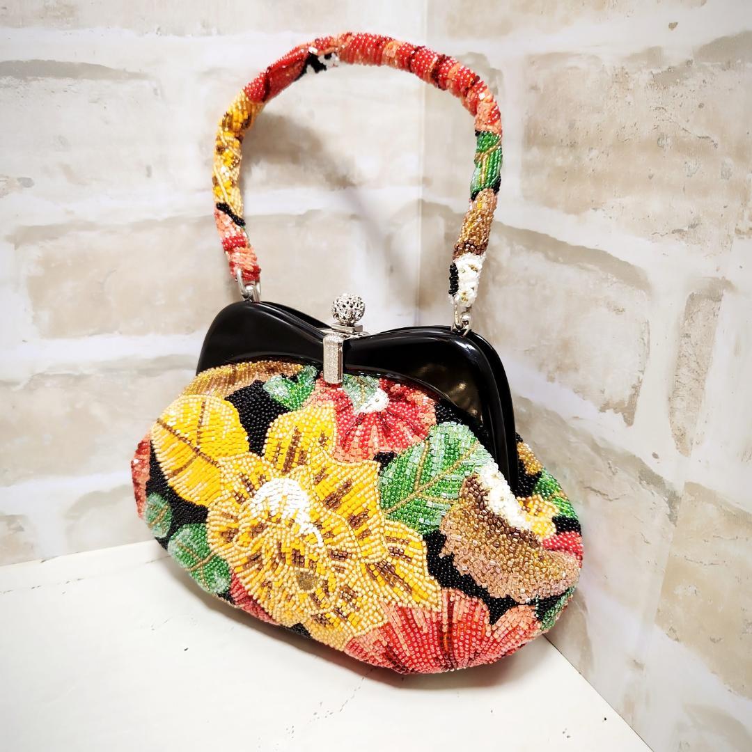 ★【はしもと】皇室御用達 大正ロマン-昭和レトロガマ口 ビーズバッグ カラフル