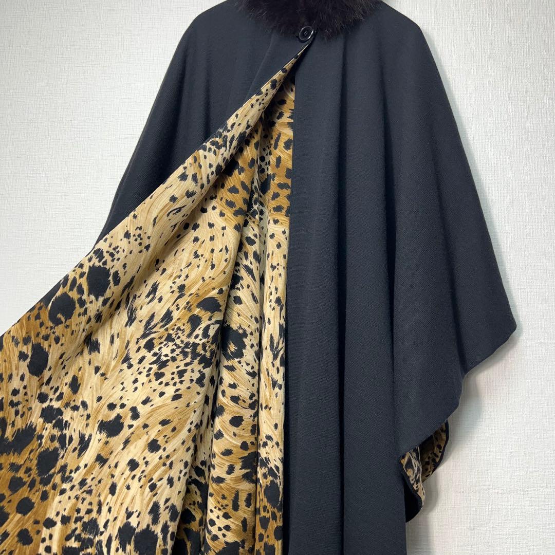 ヘルノ ウールケープコート ポンチョ 羽織り ファー レオパード 裏地総柄 黒