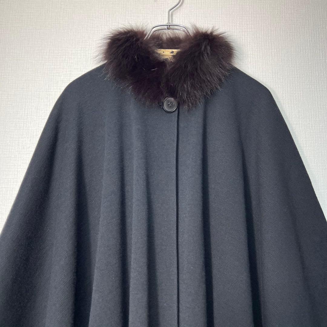 ヘルノ ウールケープコート ポンチョ 羽織り ファー レオパード 裏地総柄 黒