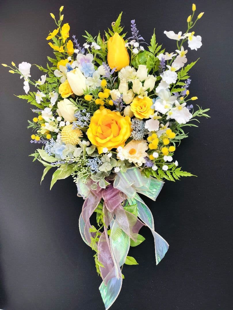 商品名【羽菜】ゆみい♥イエローローズの花束風スワッグリース　 春リース
