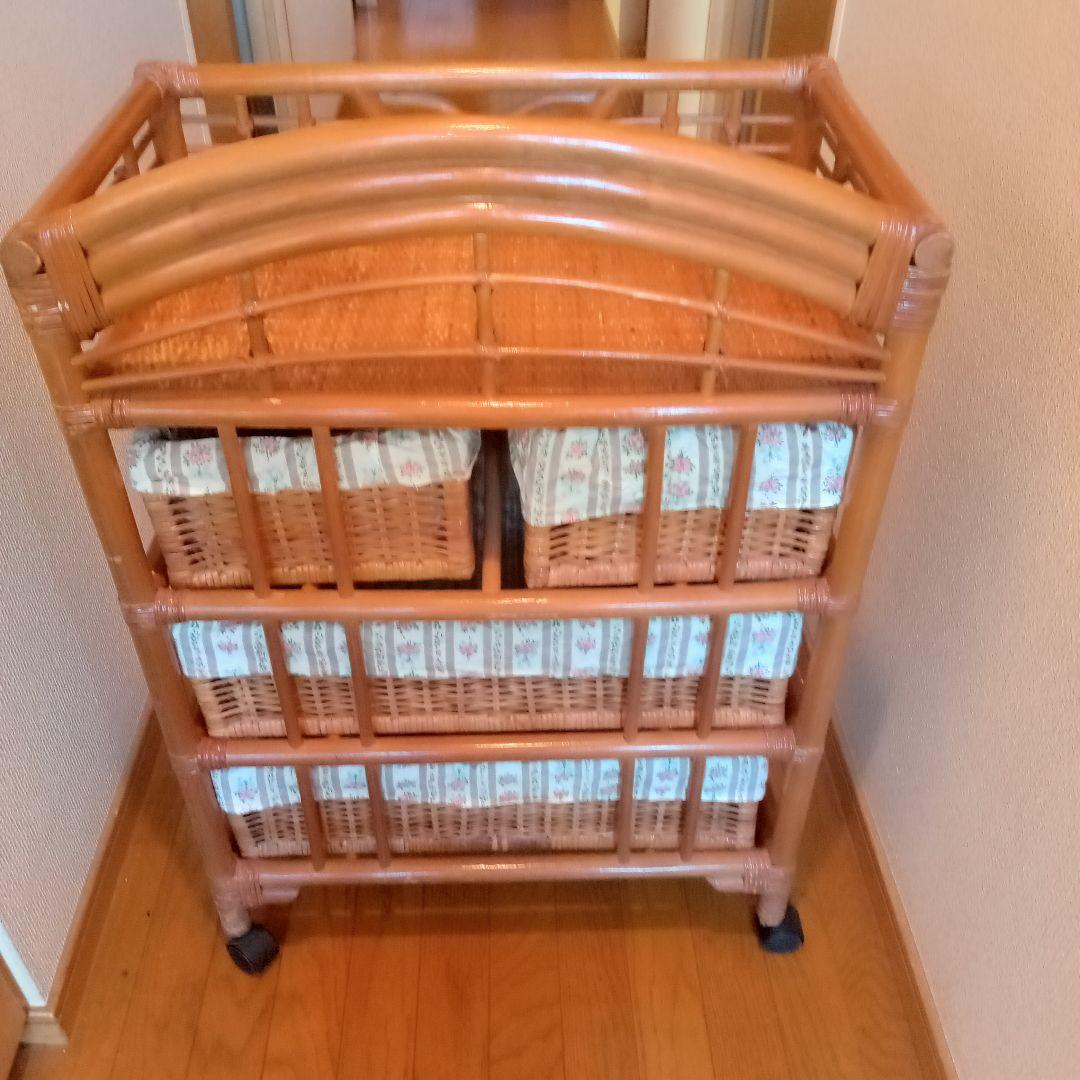 ​ラタン 籐 チェスト 4段 バスケットワゴン キャスター付 花柄カバー 収納