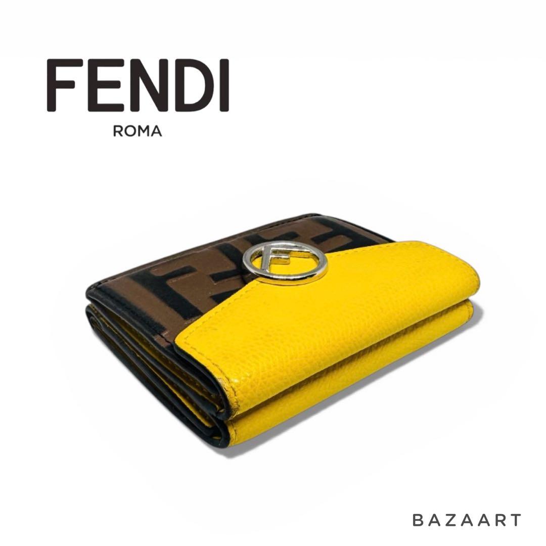 FENDI フェンディ 三つ折り財布 レザー ズッカ 黄色 イエロー ブラウン