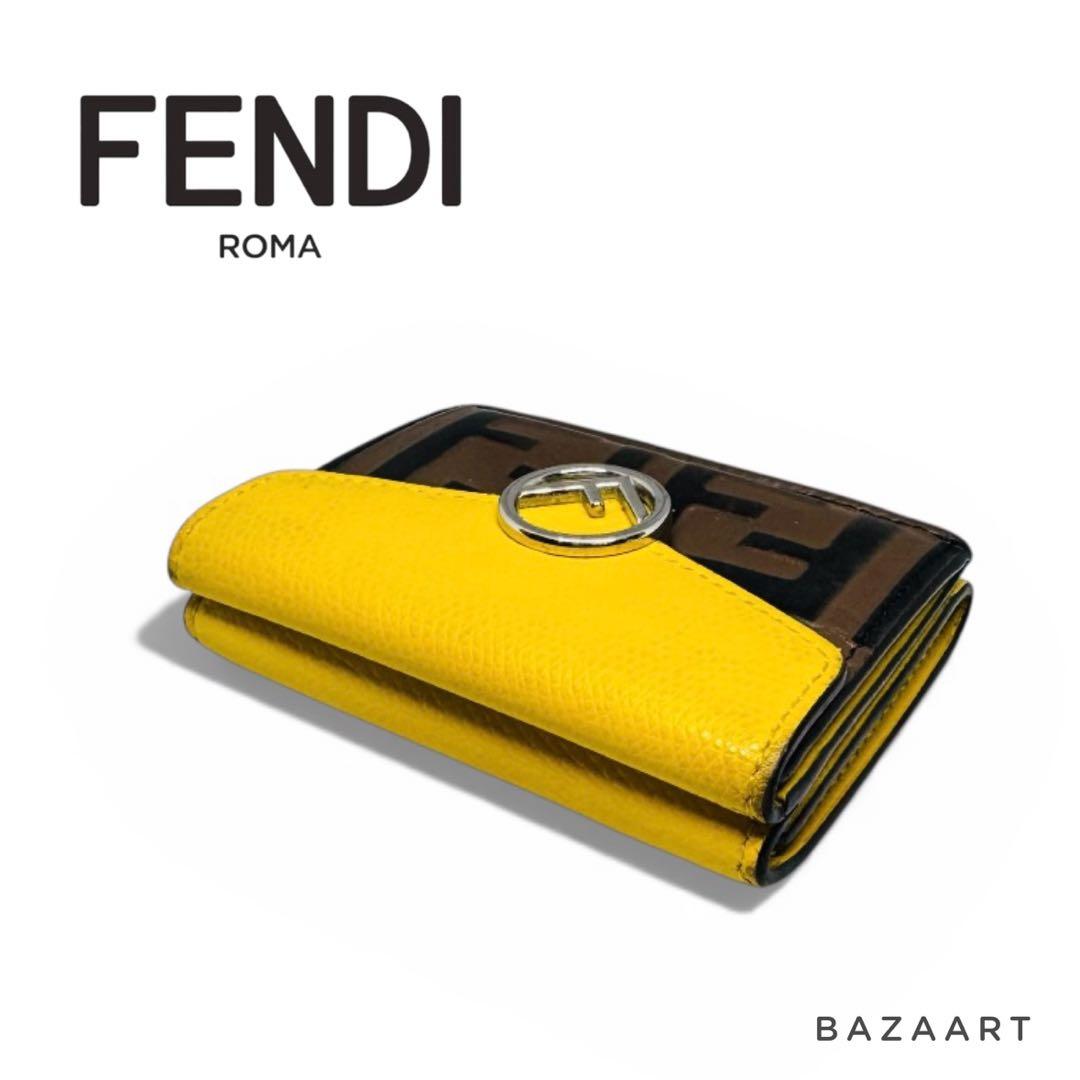 FENDI フェンディ 三つ折り財布 レザー ズッカ 黄色 イエロー ブラウン