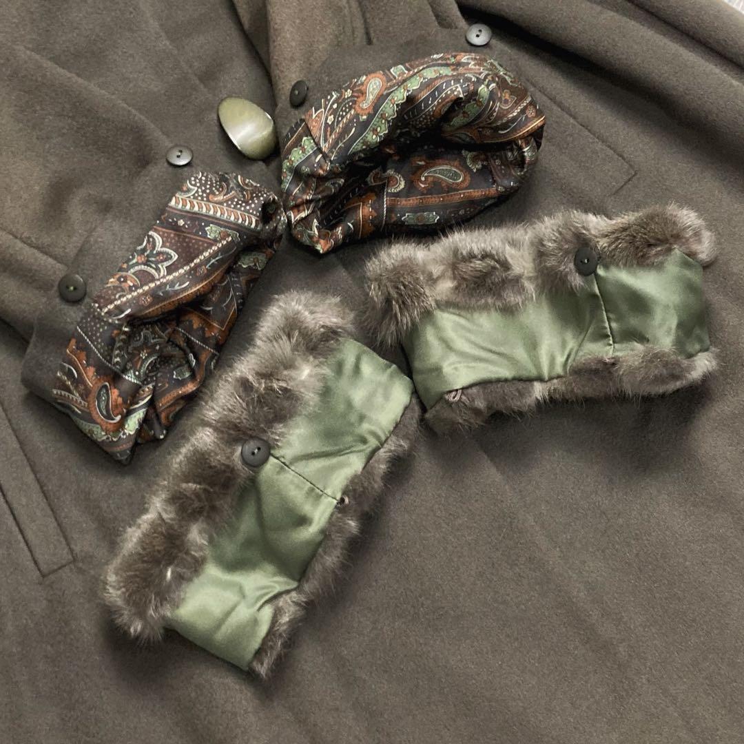 美品✨EMBA×カシミヤ PIACENZA生地 ファー付きロングコート オリーブ