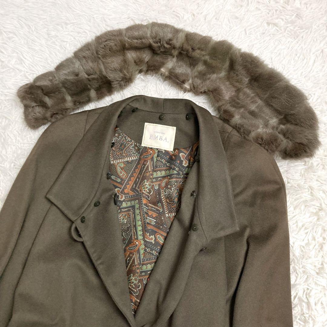 美品✨EMBA×カシミヤ PIACENZA生地 ファー付きロングコート オリーブ