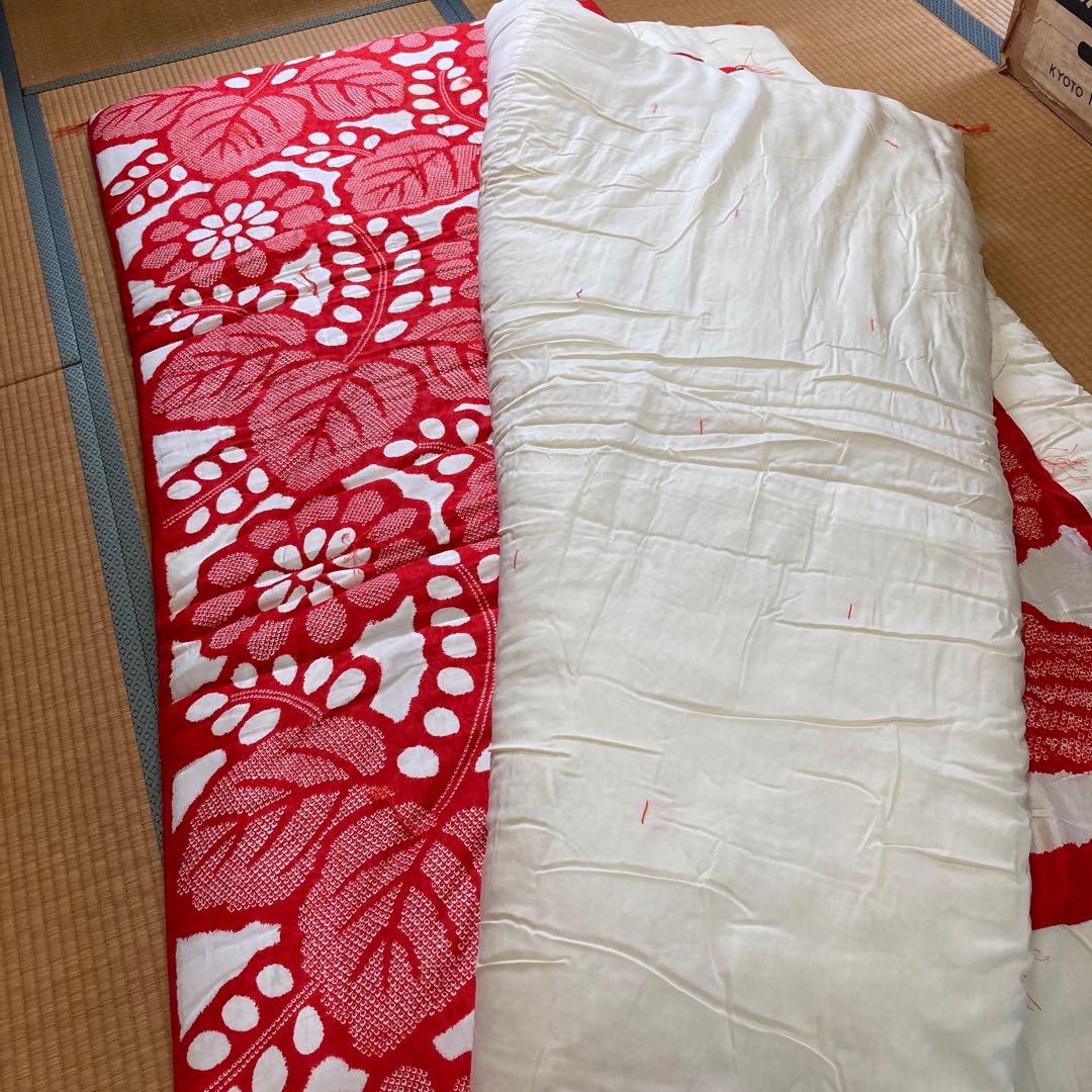 仕立て本綿布団 赤と白の花柄布団 掛け布団と敷布団セット